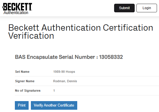 Dennis Rodman Pistons TARJETA 00013058332 autografiada autógrafo certificado por Beckett