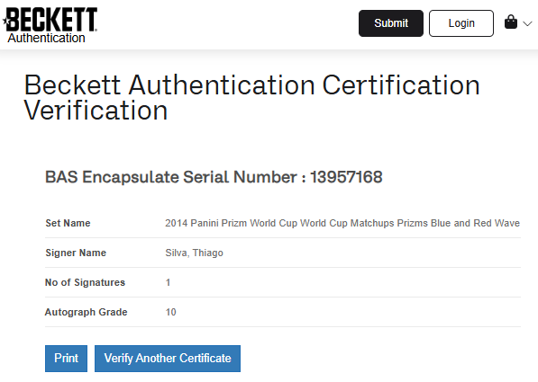 Thiago Silva TARJETA Brasil 00013957168 autografiada autógrafo certificado por Beckett.