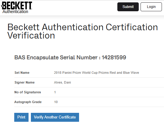 Dani Alves Brasil TARJETA 0014281599 autografiada autógrafo certificado por Beckett.