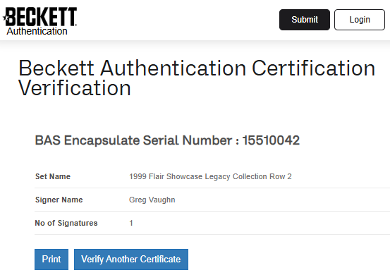 Greg Vaughn TARJETA Cincinnati Reds 00015510042 autografiada autógrafo certificado por Beckett.