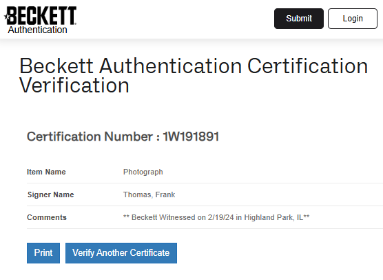 Frank Thomas Fotografía Chicago White Sox autografiada firma certificada por Beckett 1W191891.