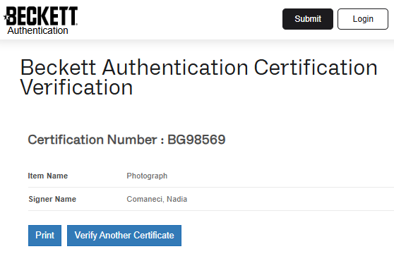 Nadia Comaneci fotografía autografiada certificada por Beckett BG98569