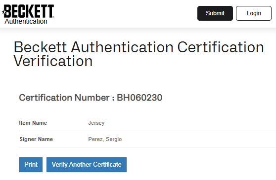 Sergio "Checo" Pérez Playera autografiada firma autentificada por la compañía Beckett con el número BH060230.