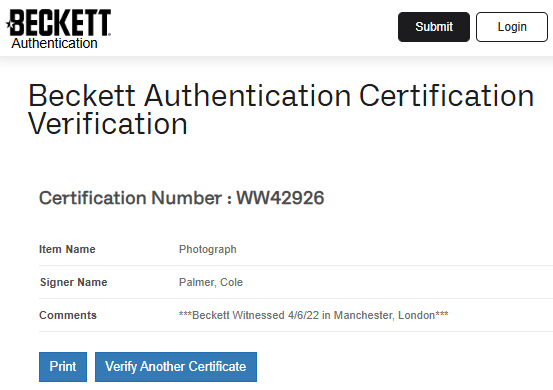 Cole Palmer Fotografía Manchester City autografiada firma certificada por Beckett WW42926.
