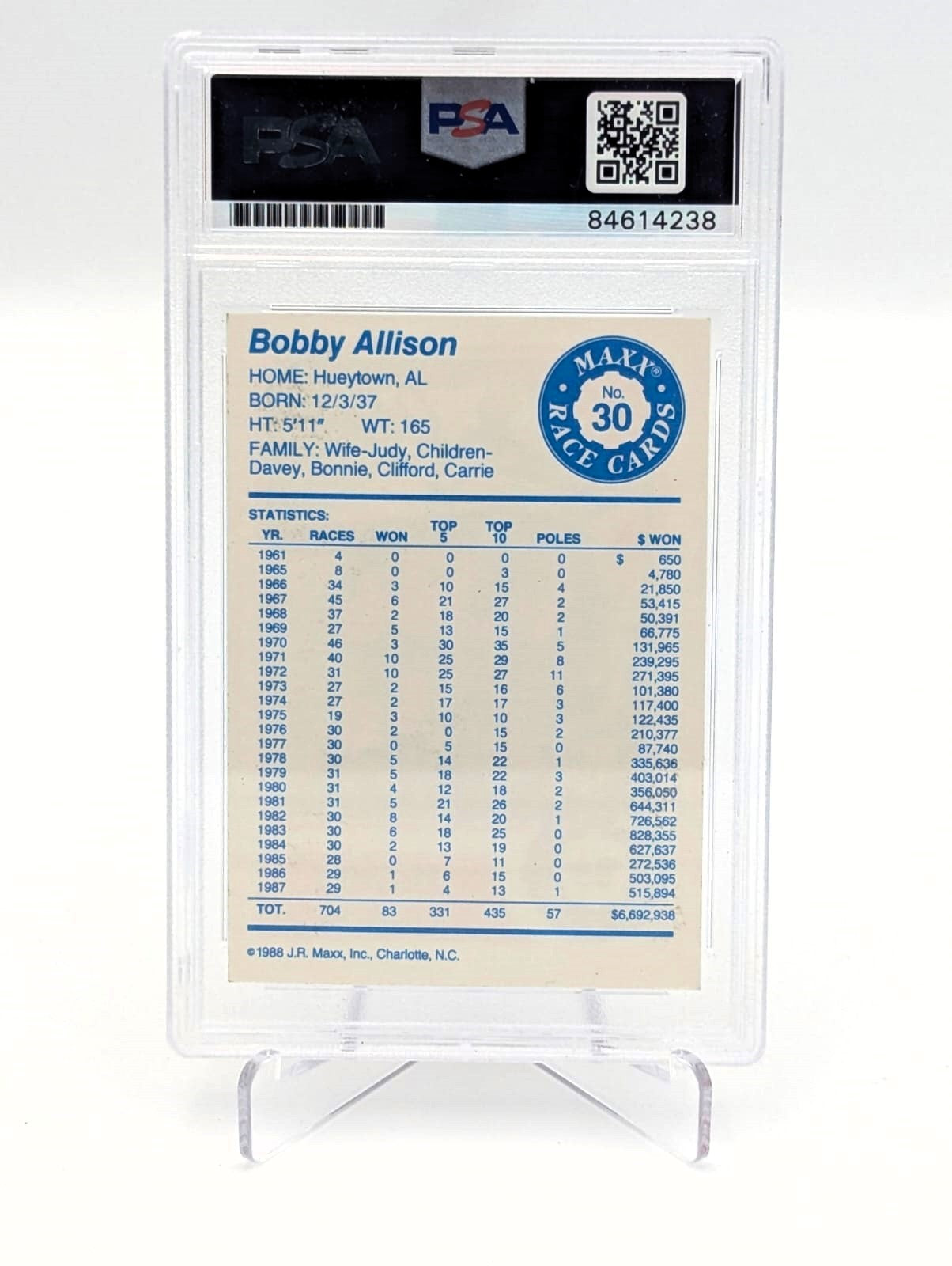 Bobby Allison Tarjeta Autografiada F1 Autenticada por PSA 84614238
