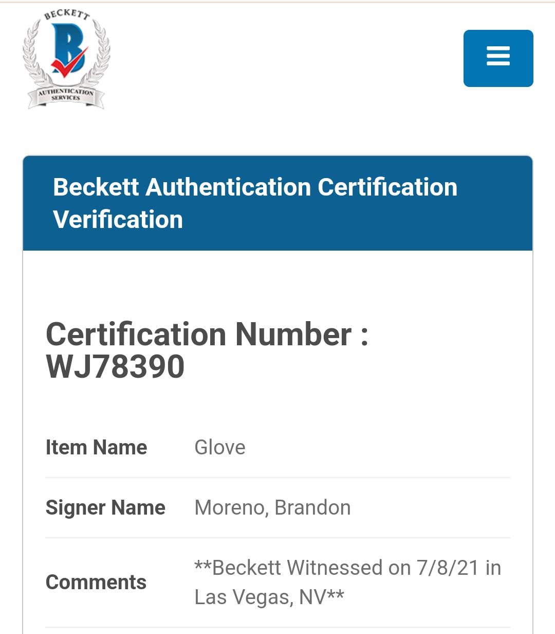 Brandon Moreno Guante autografiado, firma certificada por la compañía Beckett con el número WJ78390.