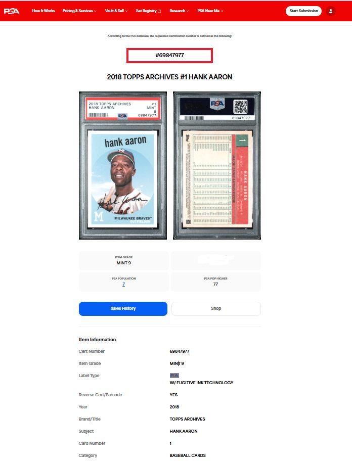 Hank Aaron Tarjeta Topps Archives graduada por PSA 69847977