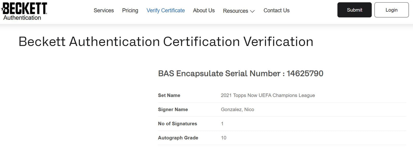 Nico González Tarjeta 2021 Autografiada Barcelona Topps Now UCL Certificada por Beckett 00014625790