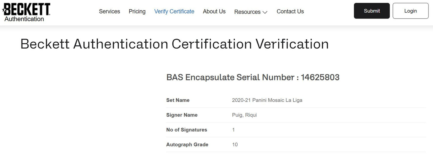 Riqui Puig Tarjeta 2020 - 21 Autografiada Barcelona Certificada por Beckett 00014625803
