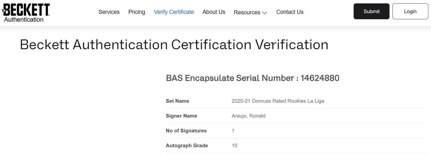 Ronald Araújo Tarjeta 2020-21 Autografiada Barcelona Donruss La Liga Certificada por Beckett 00014624880