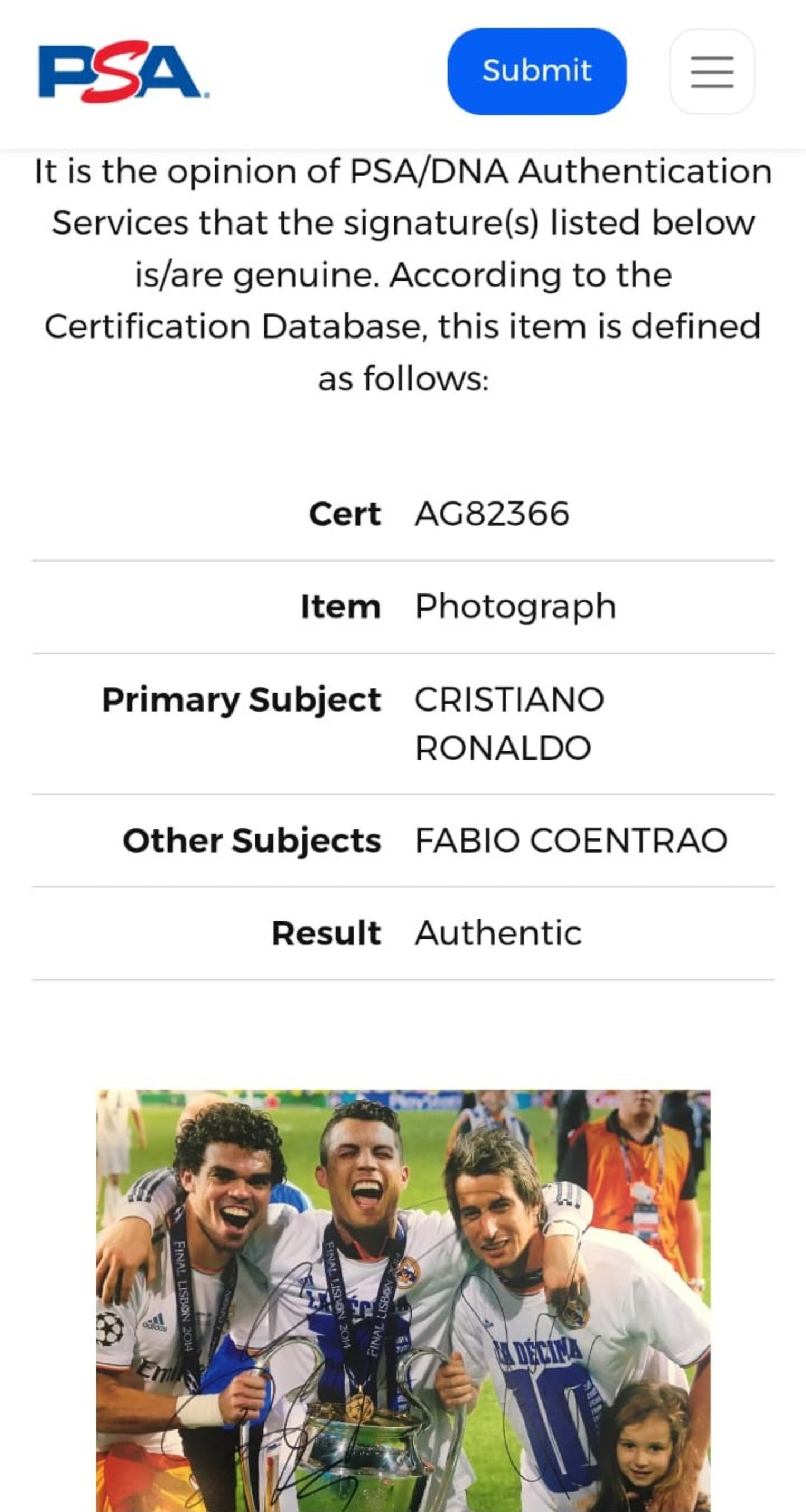 Cristiano Ronaldo CR7 y Fabio Foto Real Madrid autografiada Enmarcada firma autentificada por la compañía PSA con el número AG82366.