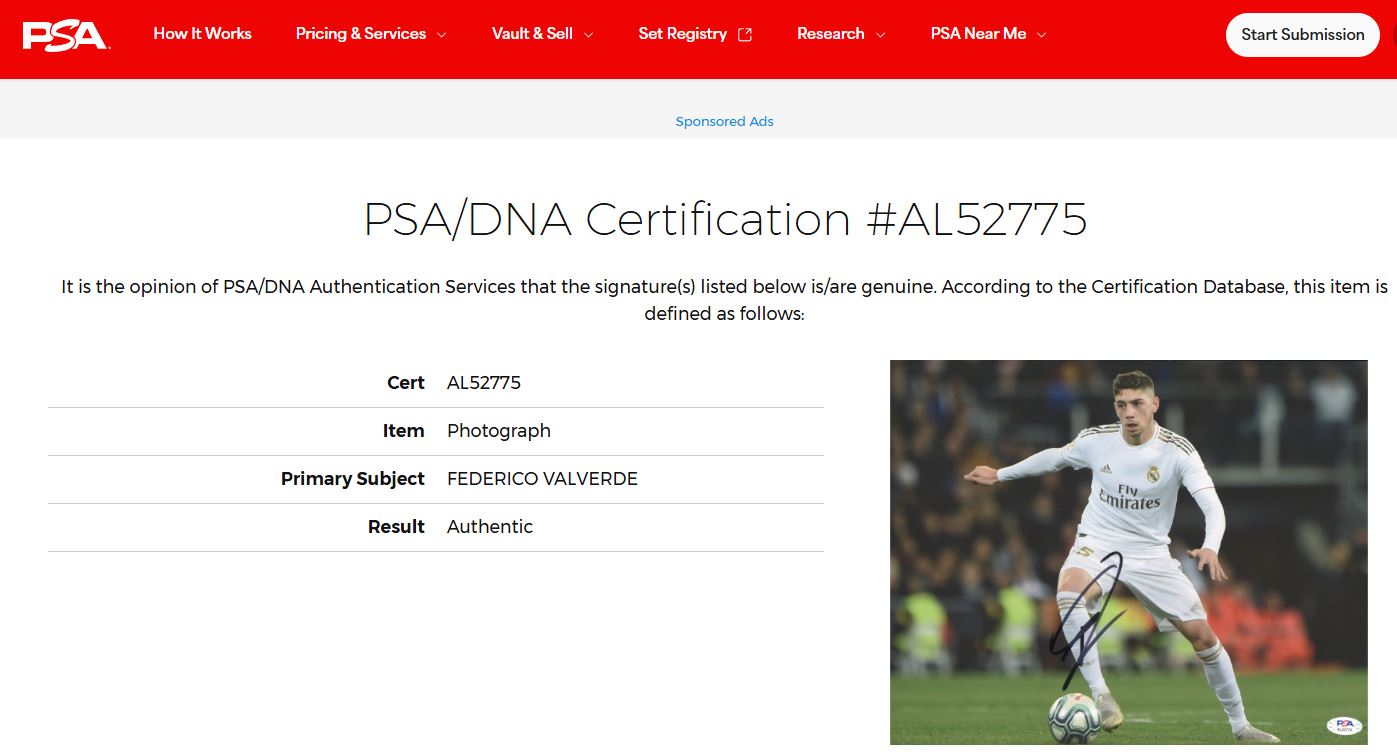 Federico Valverde Fotografía Real Madrid Autografiada certificado PSA AL52775.