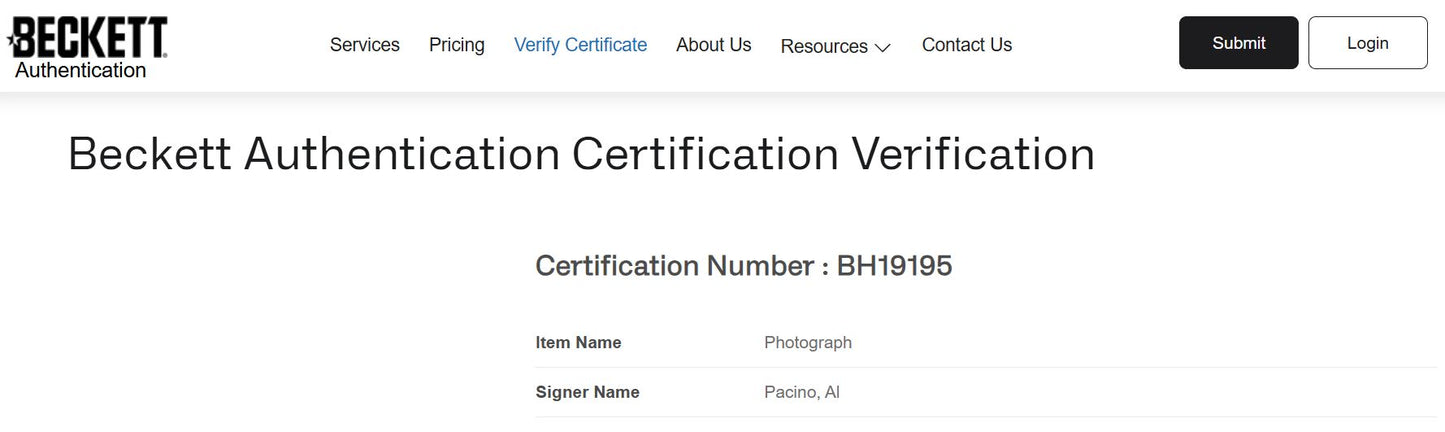 Al Pacino Fotografía Autografiada firma certificada por Beckett BH19195