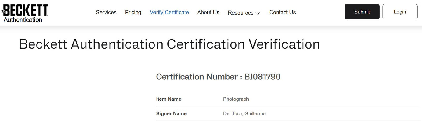 Guillermo del Toro fotografía autografiada “La Forma del Agua” firma certificada por Beckett BJ081790.