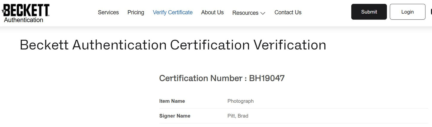 Brad Pitt fotografía autografiada firma certificada por Beckett BH19047.