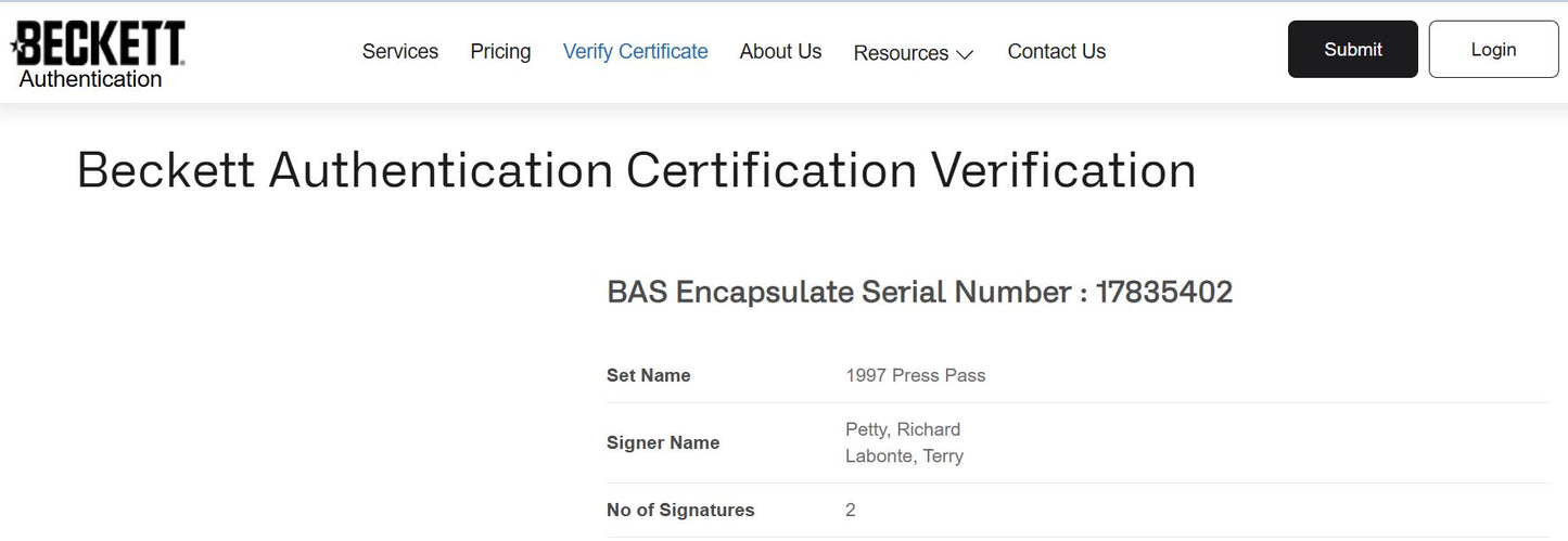 Richard Petty y Terry Labonte Tarjeta Autografiada F1 Nascar Certificada por Beckett 00017835402.