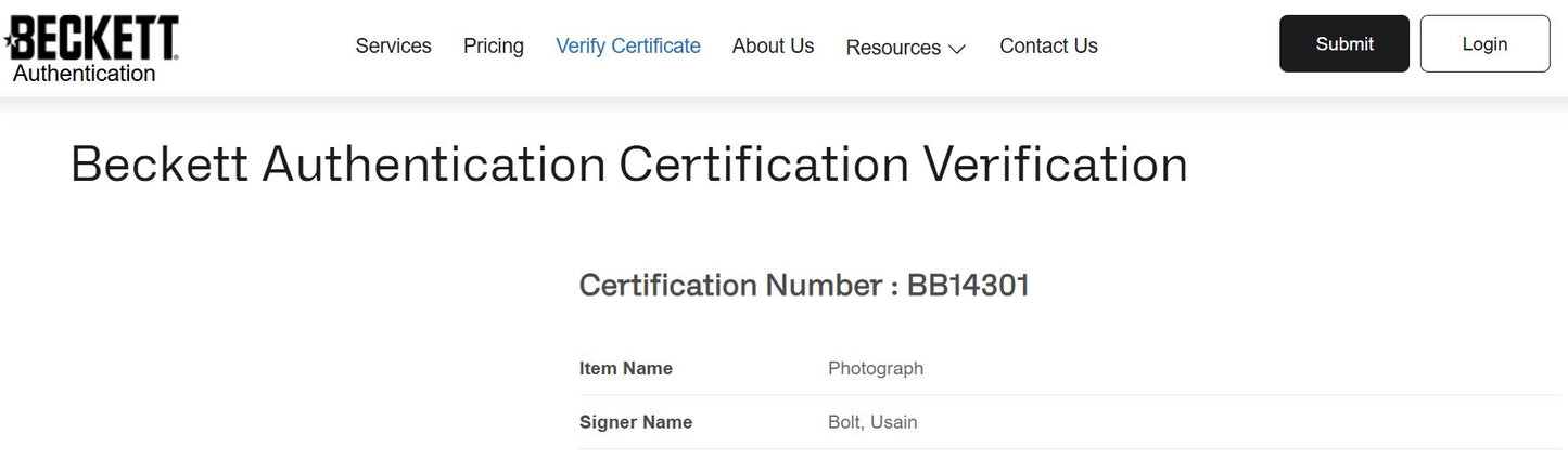 Usain Bolt Fotografía autografiada, firma certificada por la compañía Beckett con el número BB14301.