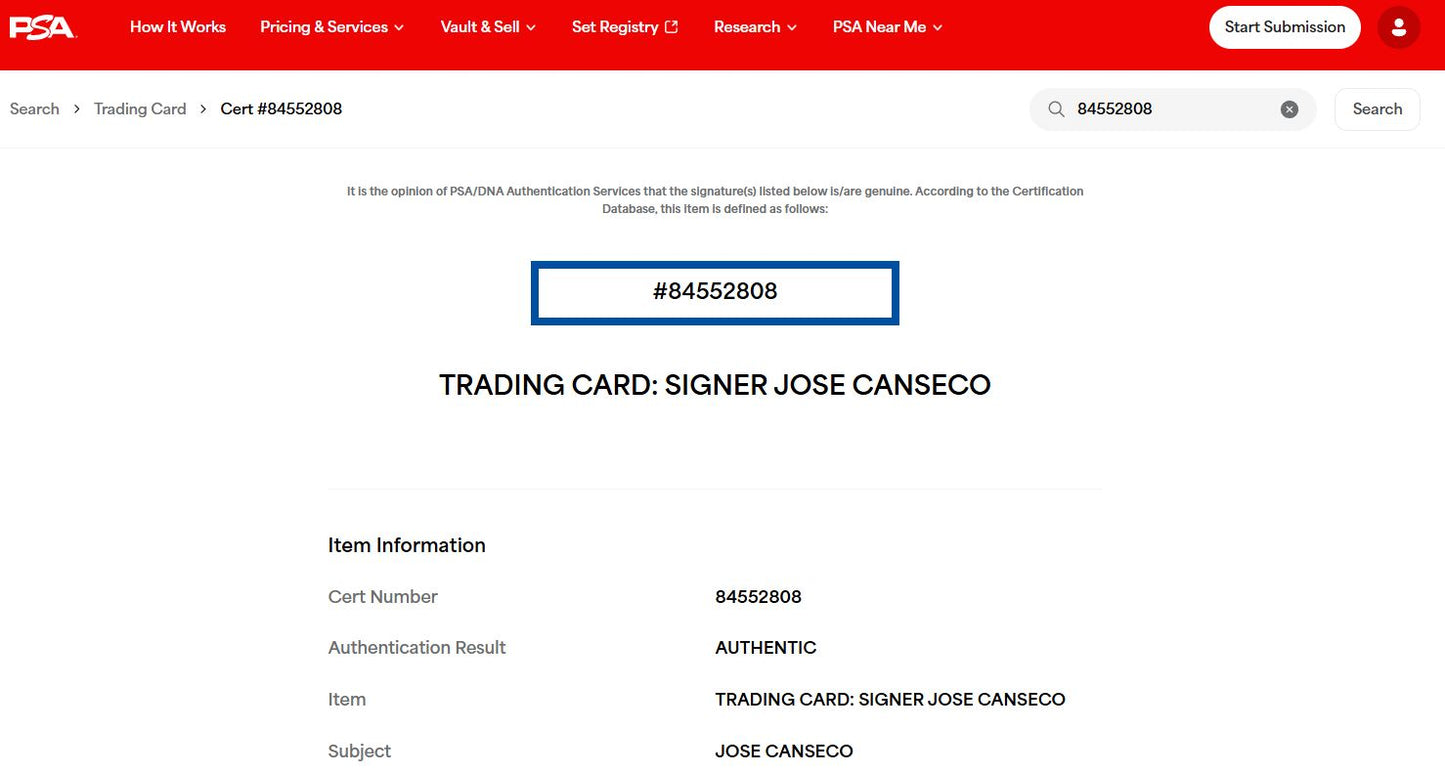 José Canseco Tarjeta Trading Card Autografiada certificada por PSA 84552808.