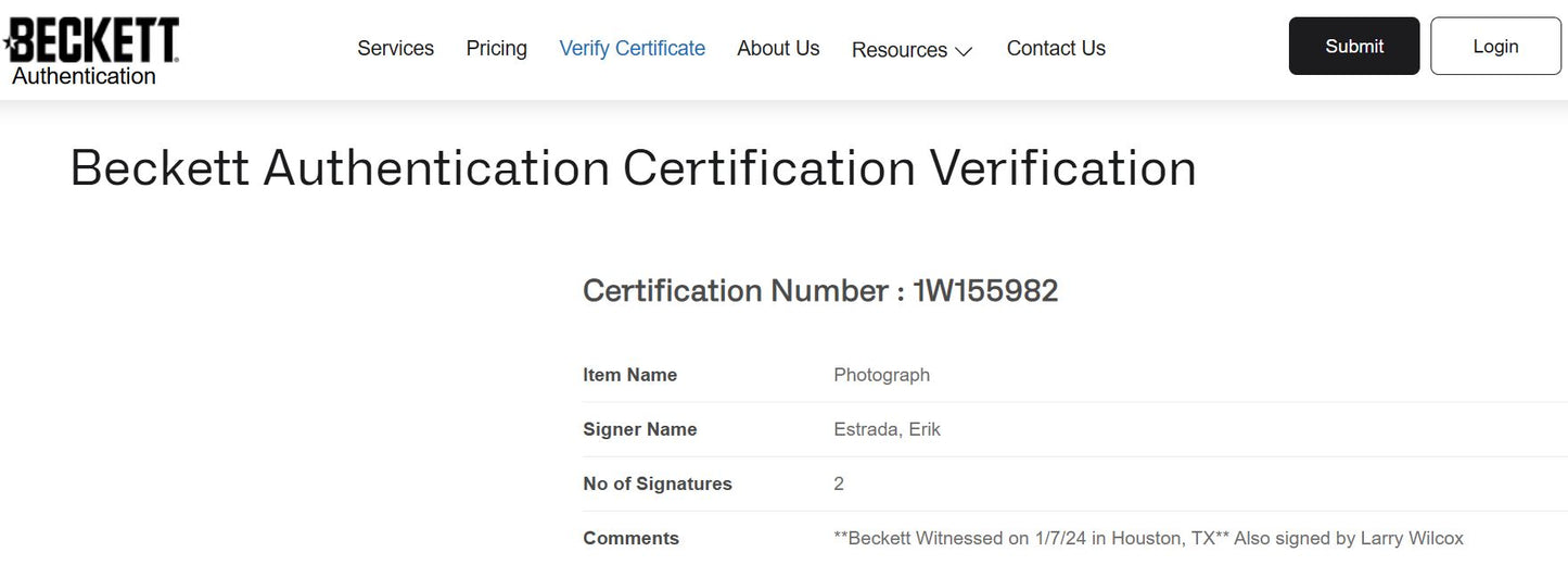 Erik Estrada y Larry Wilcox Patrulla Motorizada Fotografía Autografiada firma certificada por Beckett 1W155982.