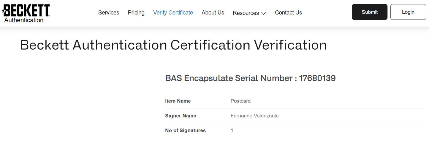 Fernando Valenzuela Tarjeta Postal Autografiada Certificada por Beckett 00017680139.
