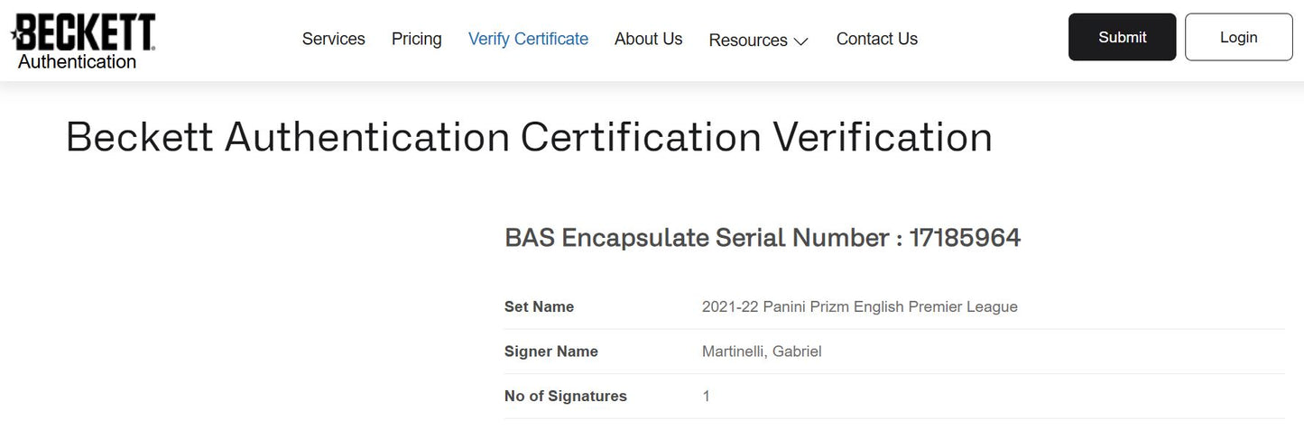 Gabriel Martinelli Tarjeta Autografiada Arsenal Certificada por Beckett 00017185964.