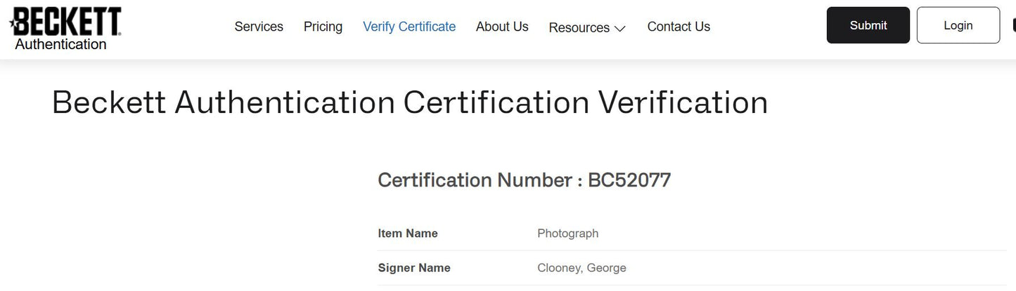 George Clooney Fotografía Autografiada firma certificada por Beckett BC52077.