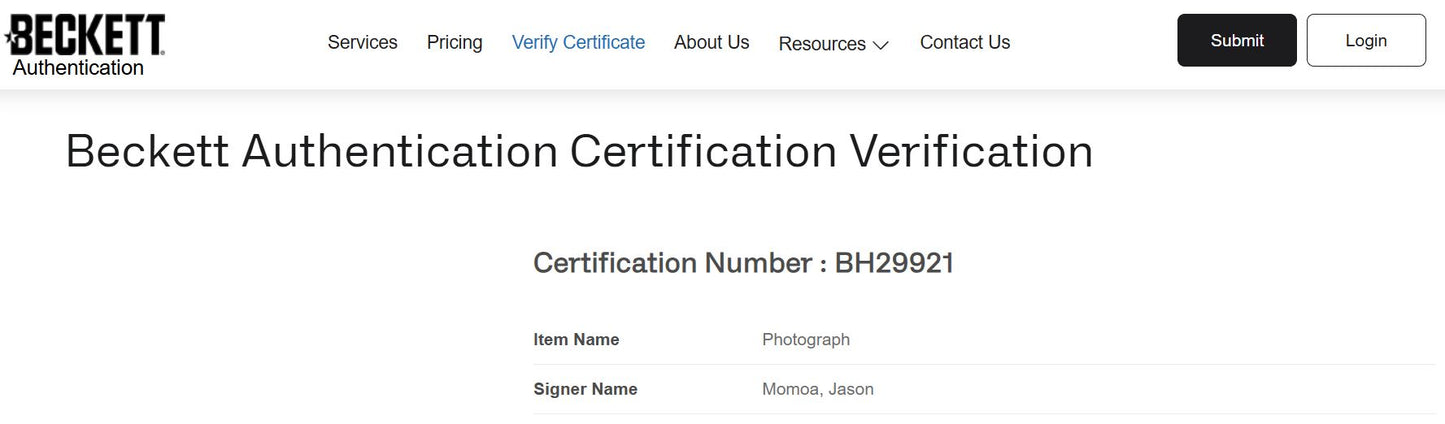 Jason Momoa Fotografía autografiada, firma certificada por la compañía Beckett con el número BH29921.
