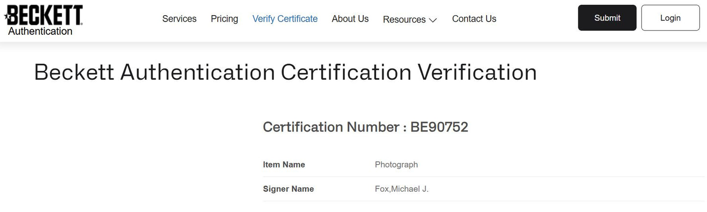 Michael J. Fox Fotografía autografiada “Volver al Futuro”, firma certificada por la compañía Beckett con el número BE90752.