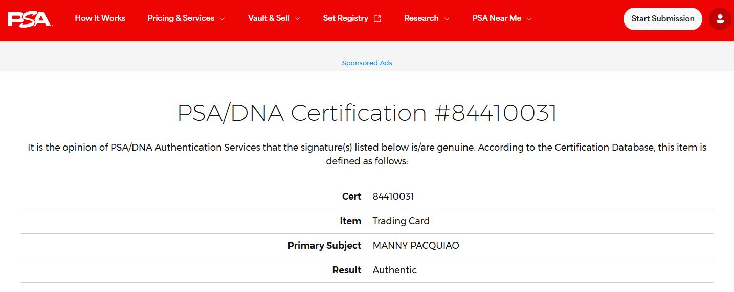 Manny Pacquiao tarjeta autenticada por PSA certificado 84410031 enmarcada.