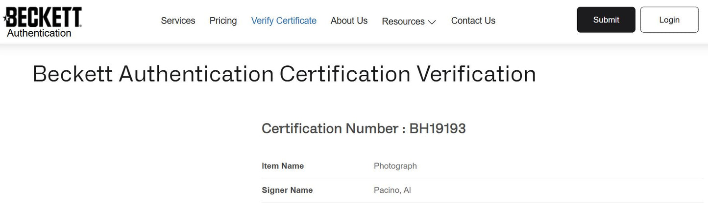 Al Pacino Fotografía Autografiada firma certificada por Beckett BH19193.