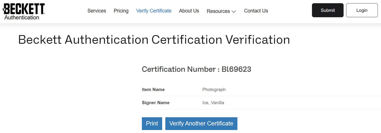 Vanilla Ice fotografía autografiada firma certificada por Beckett BL69623.