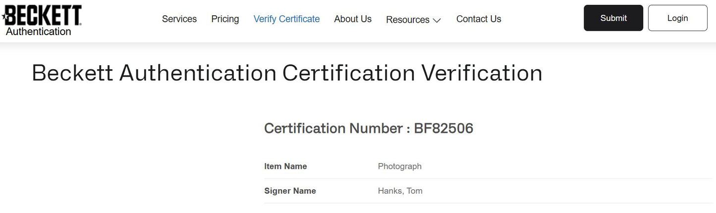 Tom Hanks Fotografía Autografiada firma certificada por Beckett BF82506.