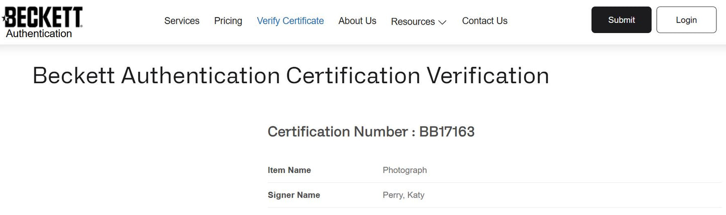 Katy Perry Fotografía Autografiada Enmarcada firma certificada por Beckett BB17163.