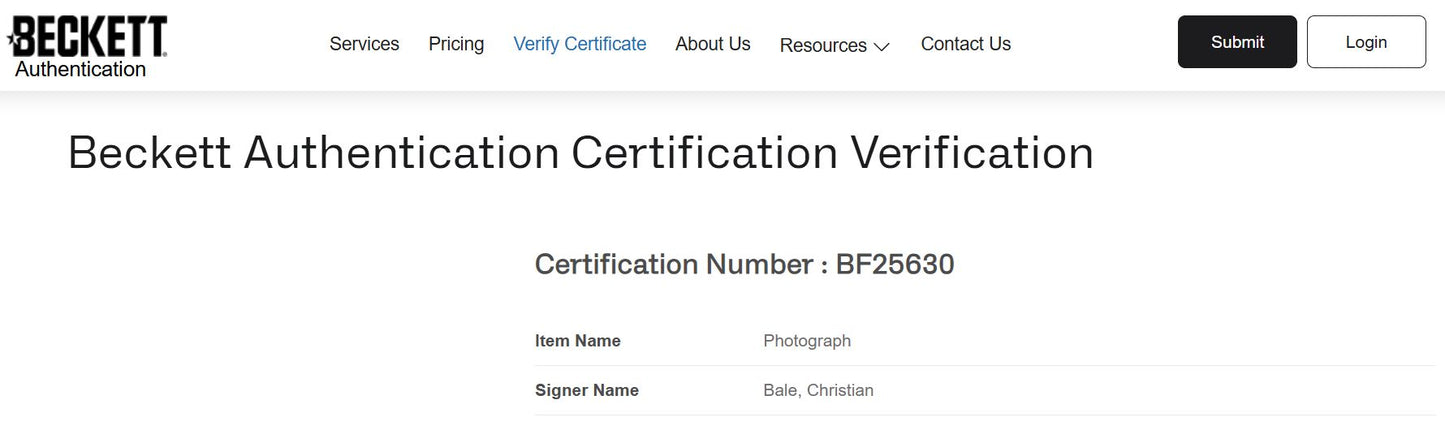 Christian Bale “Batman” Fotografía Autografiada firma certificada por Beckett BF25630