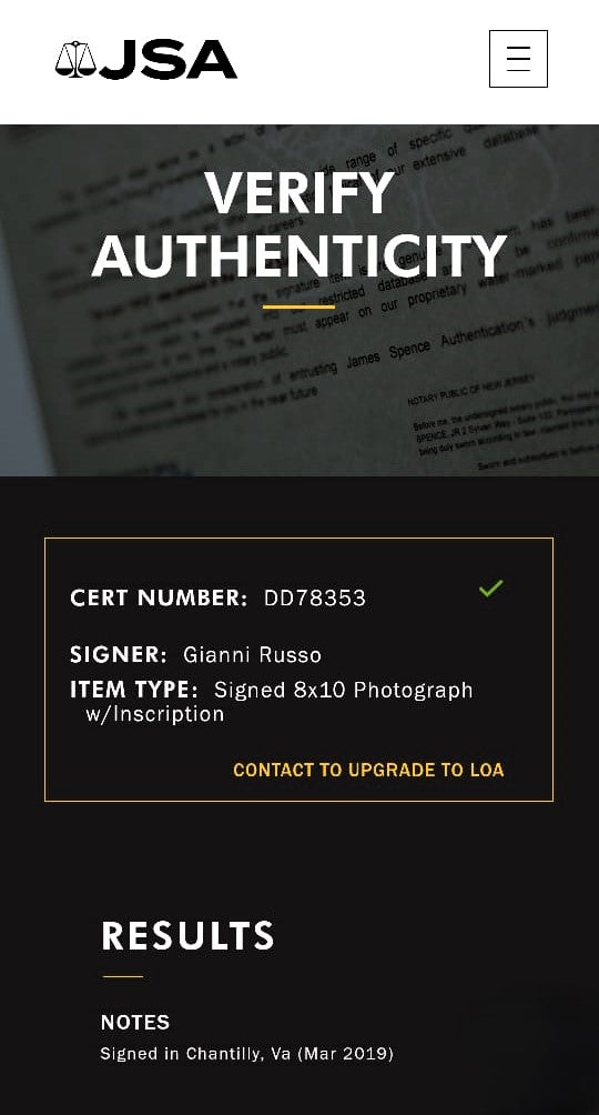 Gianni Russo “Carlos Rizzi El Padrino” Fotografía Autografiada firma certificada por JSA DD78353