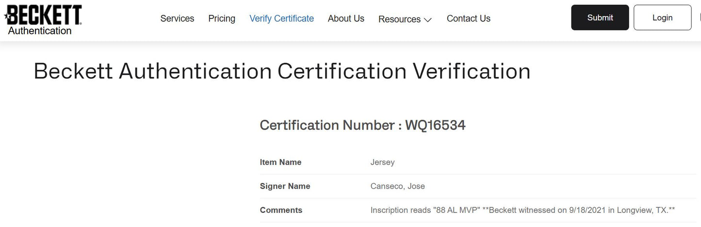 Jose Canseco playera autografiada certificada por Beckett WQ16534.