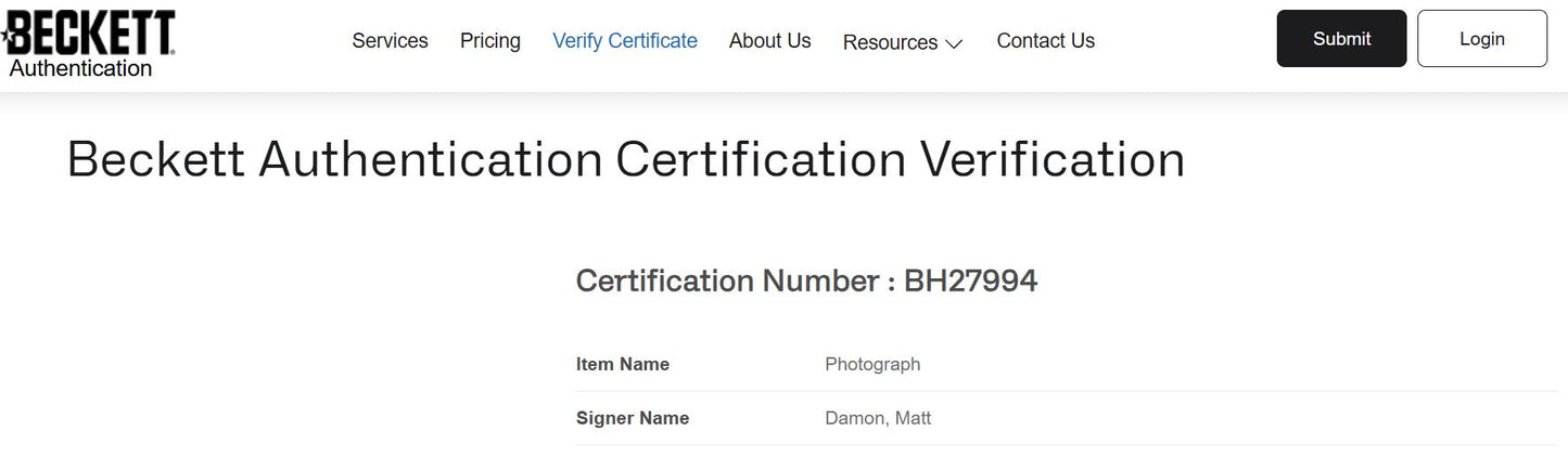 Matt Damon Fotografía autografiada, firma certificada por la compañía Beckett con el número BH27994.