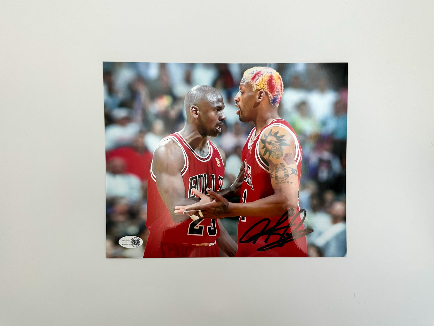 Dennis Rodman Fotografía Autografiada junto a Jordan Bulls certificada por JSA WB884429