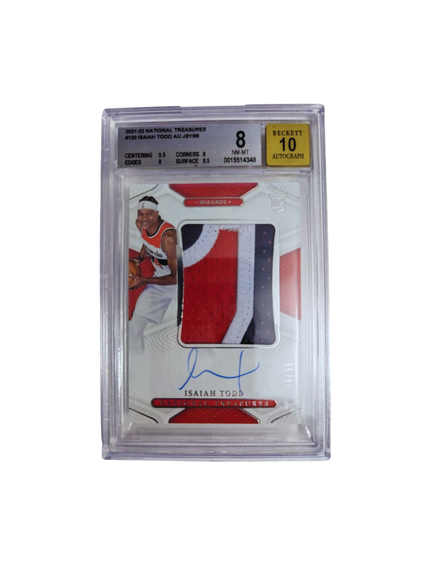 Isaiah Todd TARJETA Washington Wizards autografiada con pedazo de playera autógrafo certificado por Beckett 0015514348.