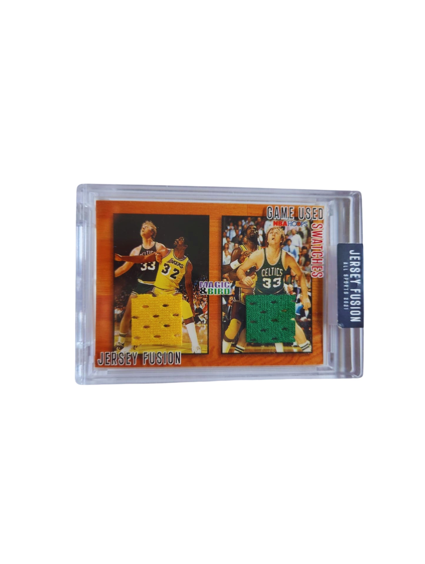 Magic Johnson & Larry Bird TARJETA Lakers, Celtics Jersey Fusión Parches utilizados en juego Magic Johnson & Larry Bird