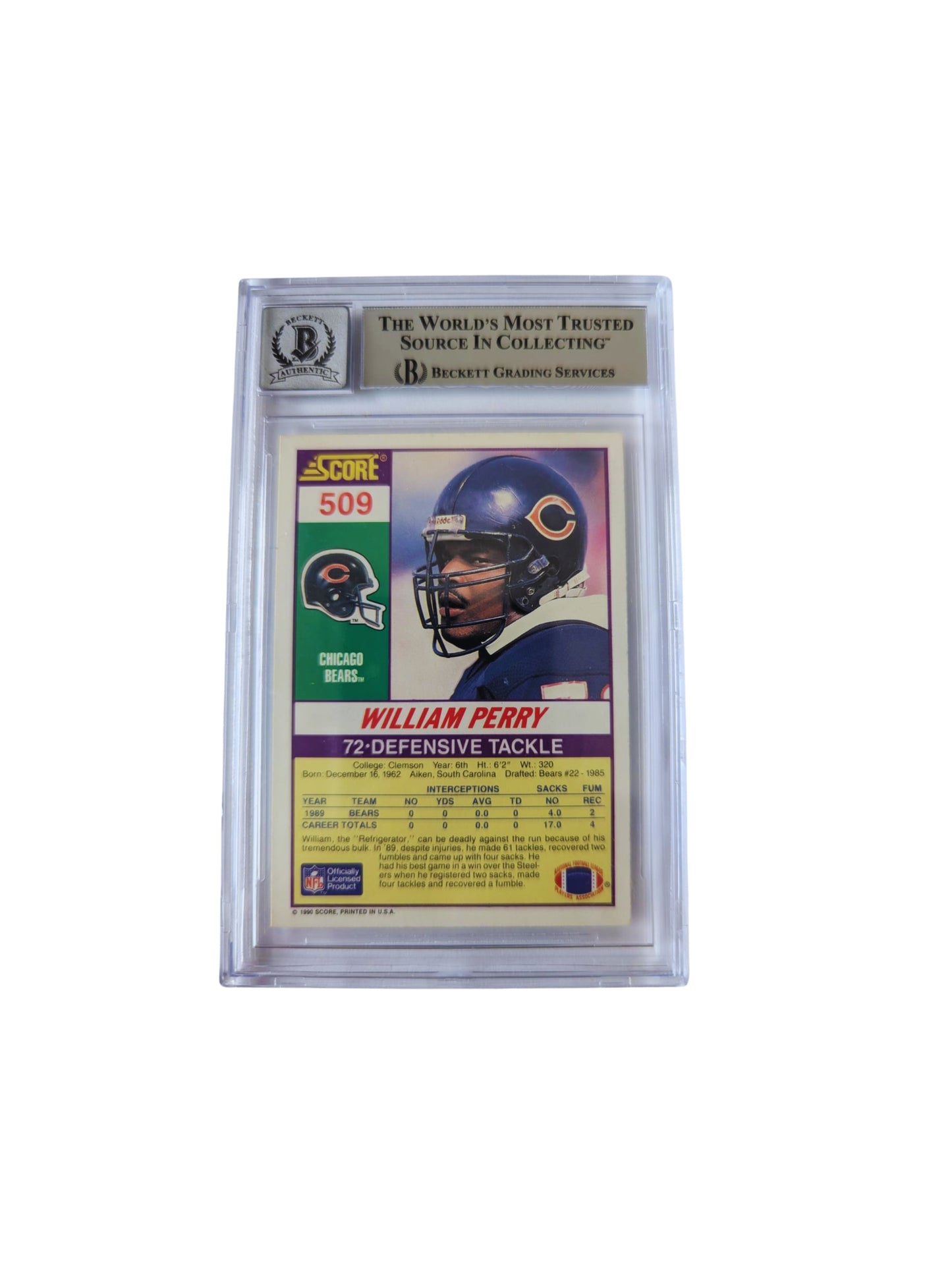William Perry TARJETA Bears autografiada autógrafo certificado por Beckett 00016256067