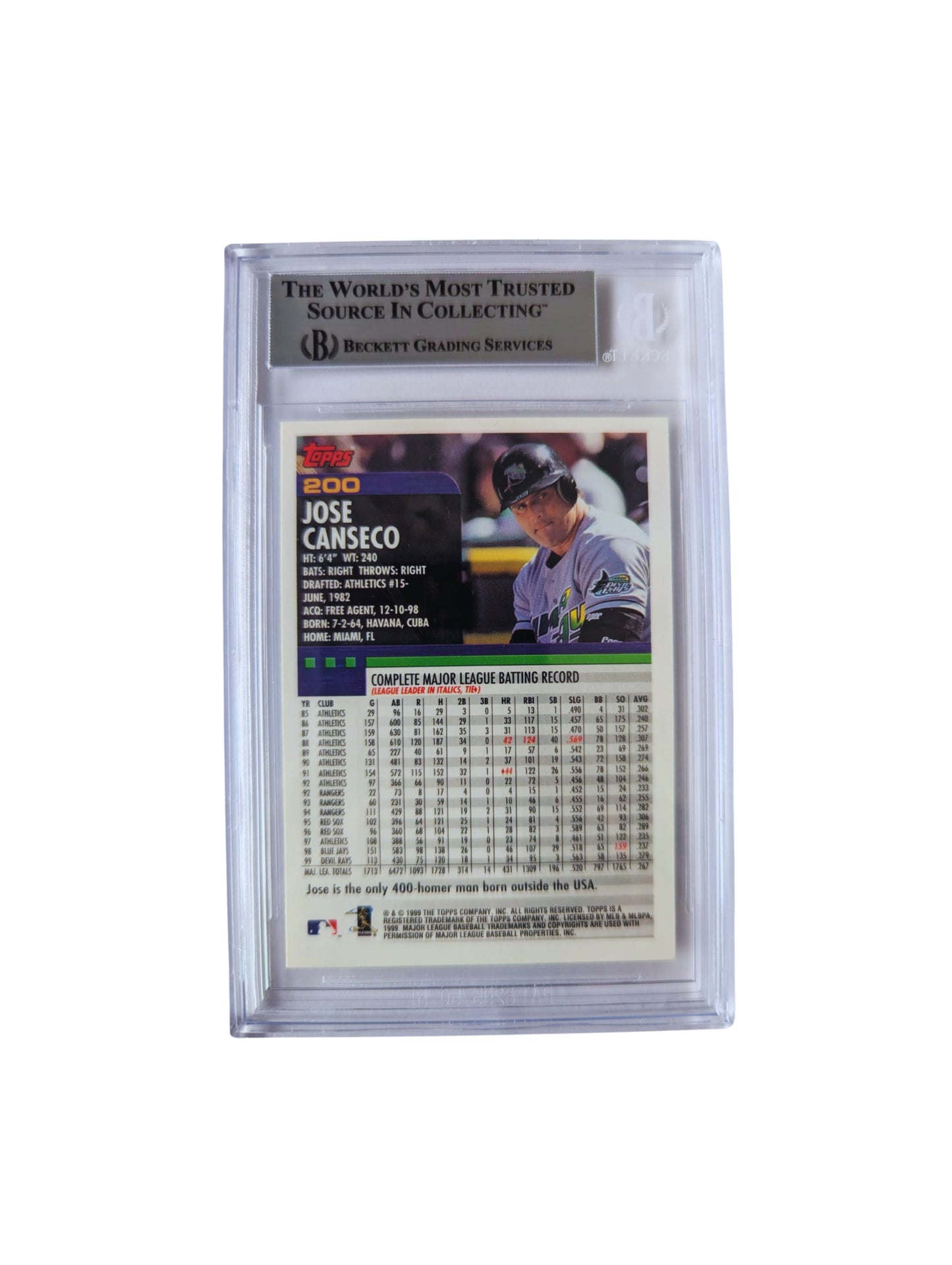 José Canseco TARJETA Devil Rays 00016808982 autografiada autógrafo certificado por Beckett.