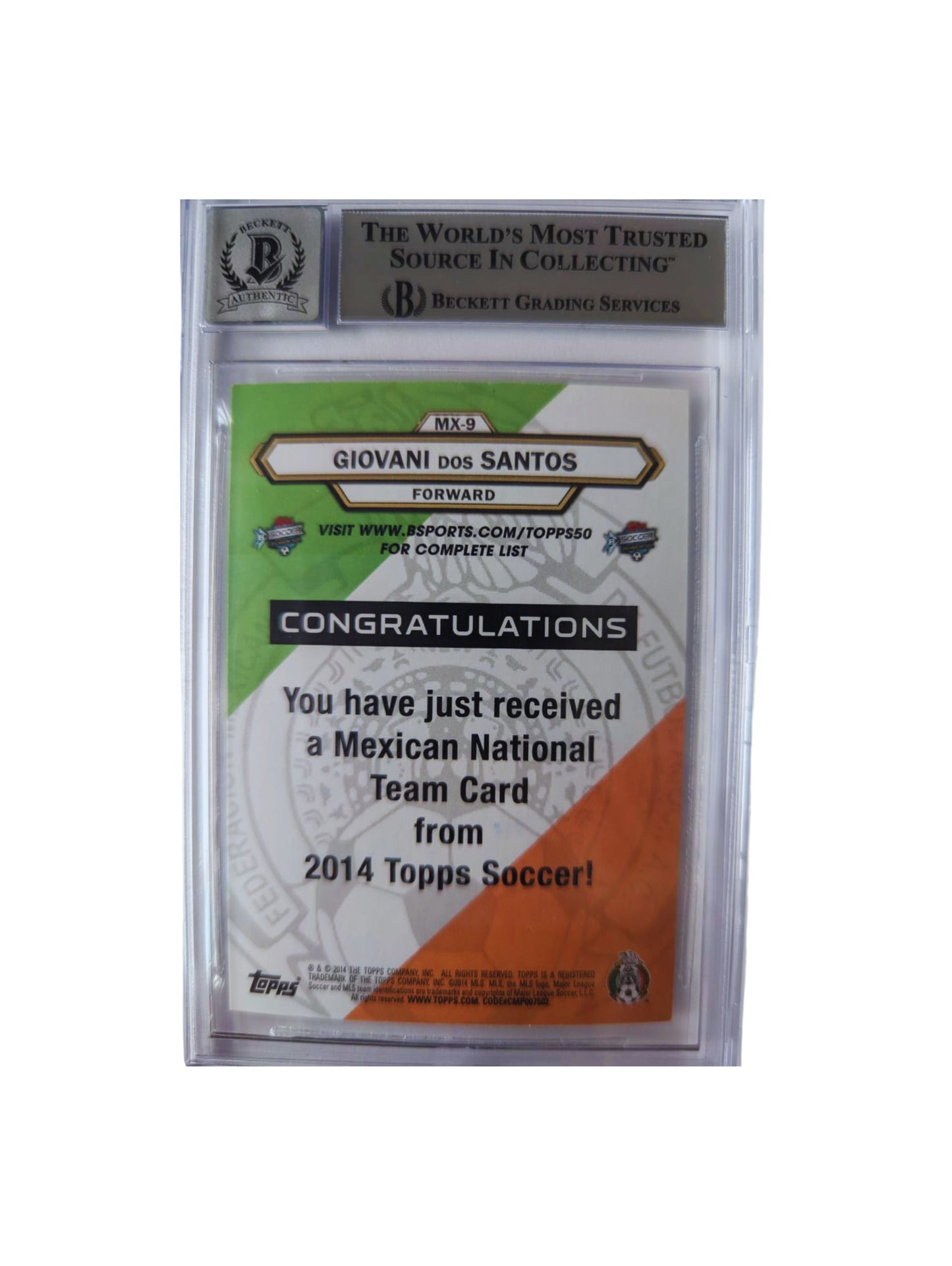 Giovani Dos Santos TARJETA México # 00015805088 autografiada autógrafo certificado por Beckett.