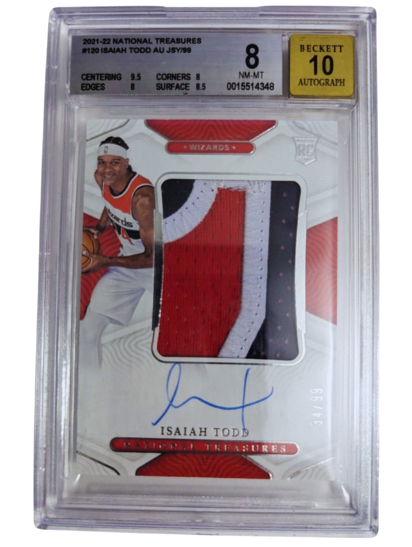 Isaiah Todd TARJETA Washington Wizards autografiada con pedazo de playera autógrafo certificado por Beckett 0015514348.