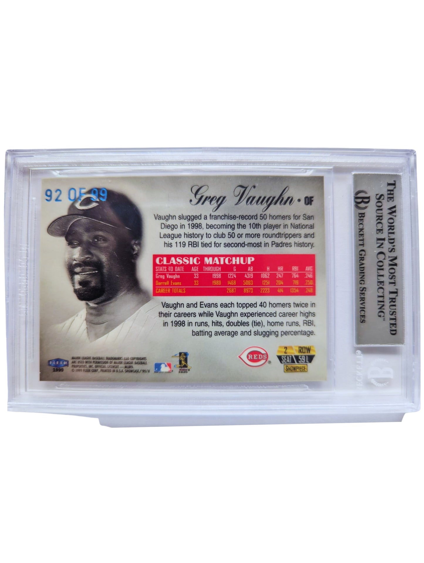 Greg Vaughn TARJETA Cincinnati Reds 00015510042 autografiada autógrafo certificado por Beckett.