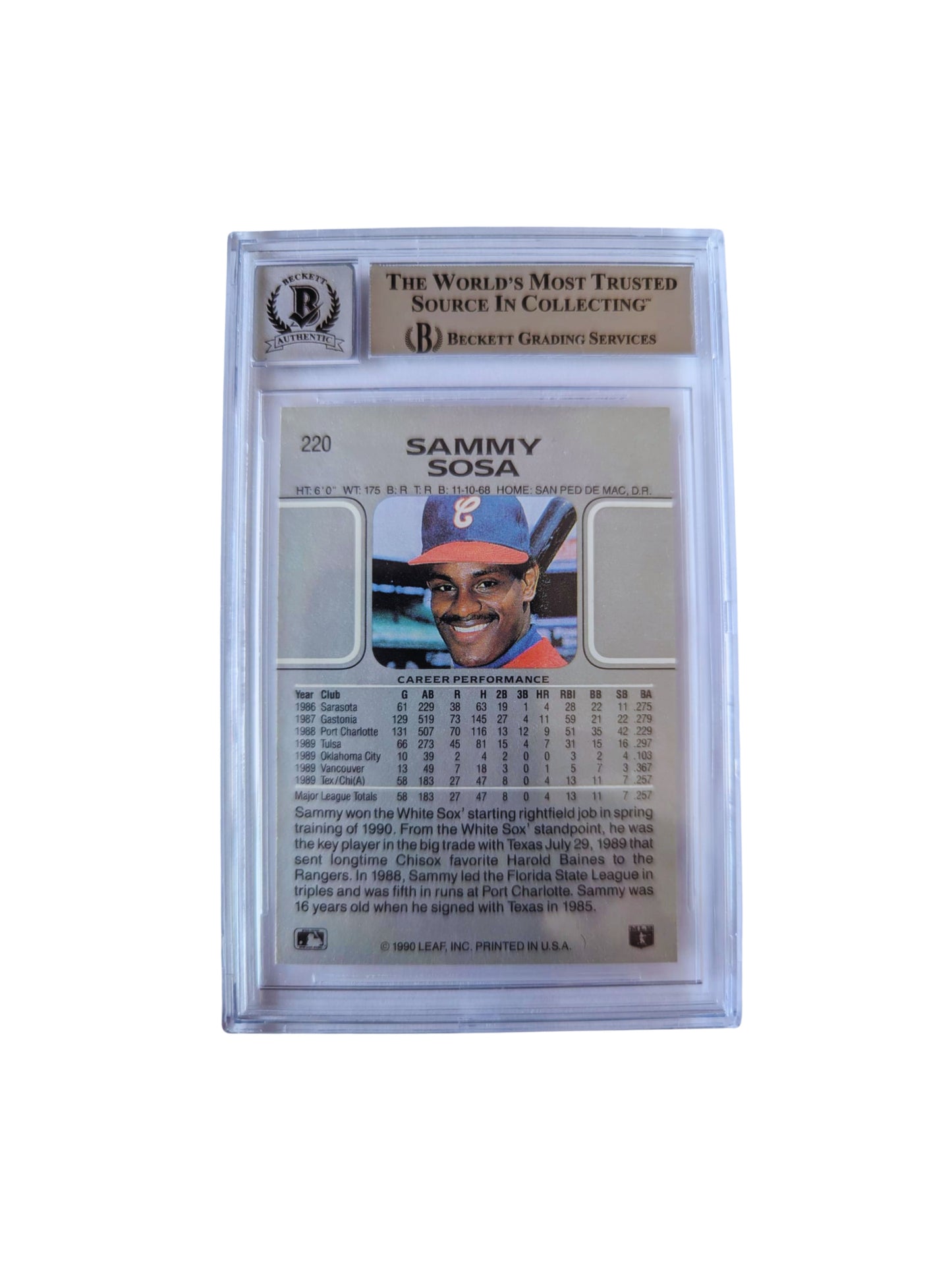 Sammy Sosa TARJETA Chicago White Sox # 00016549545 autografiada autógrafo certificado por Beckett.