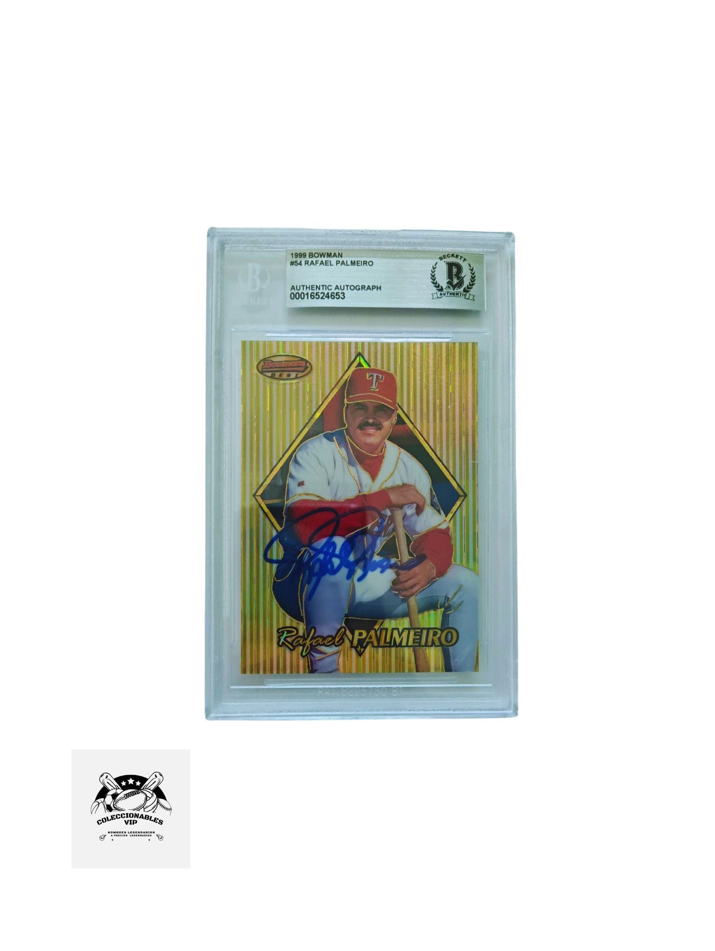 Rafael Palmeiro TARJETA Texas Rangers Bowman 00016524653 autografiada certificado el autógrafo por Beckett.
