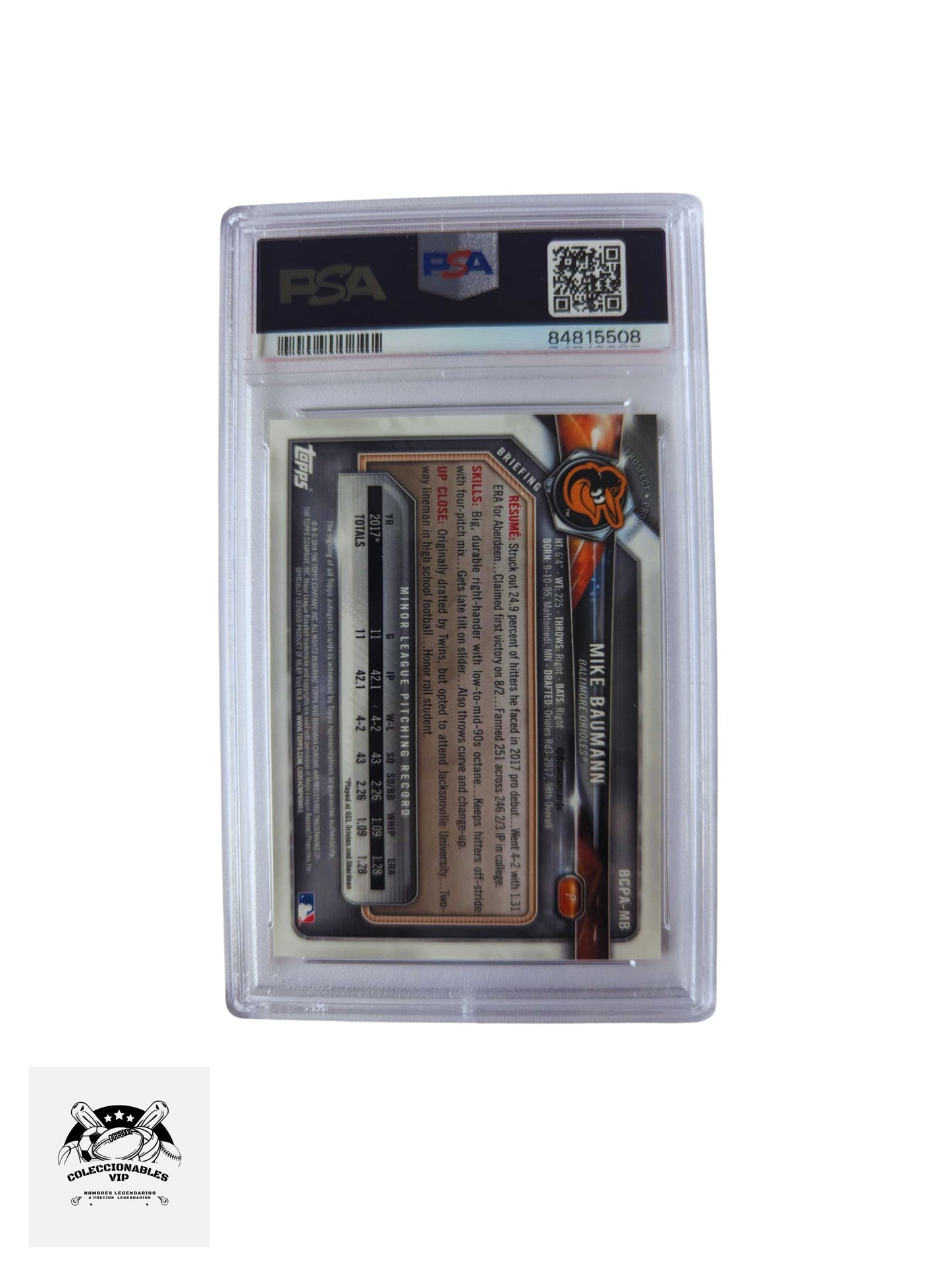 Mike Baumann Tarjeta Orioles autografiada autenticada por PSA 84815508.