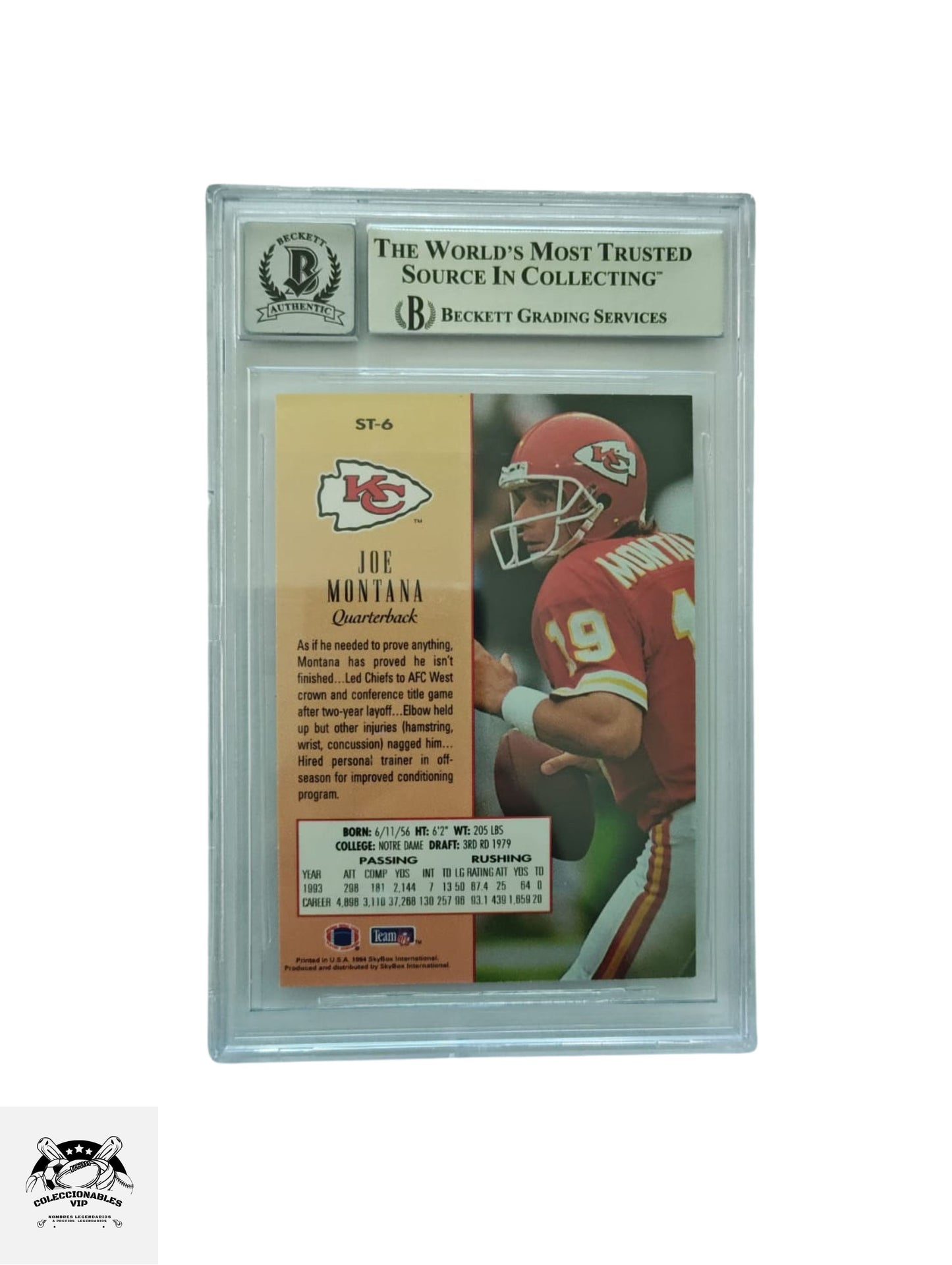 Joe Montana TARJETA Kansas City Chiefs Skybox Premium 00015216738 autografiada certificado el autógrafo por Beckett.