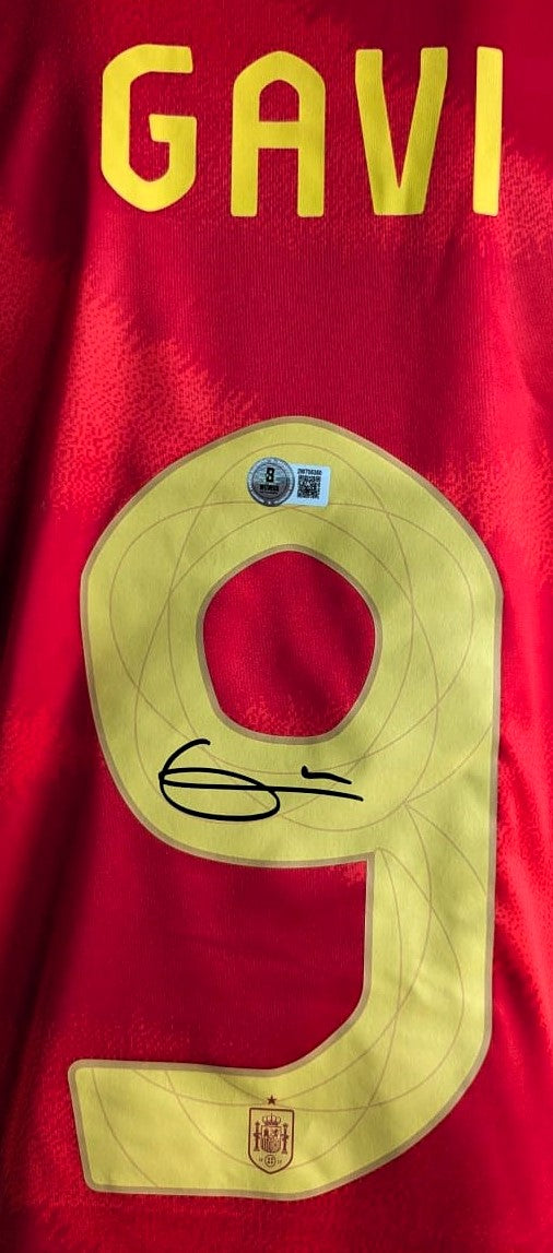 Gavi Playera España autografiada, firma certificada por Beckett 2W705350